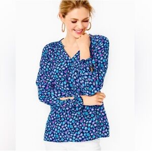 Lilly Pulitzer Esia Top Silk Long Sleeve Bow Cuffs Loose Fit Blue Pink Spotted
